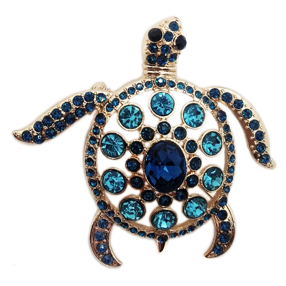 Turtle  Aqua/Navy Stones Gold Brooch